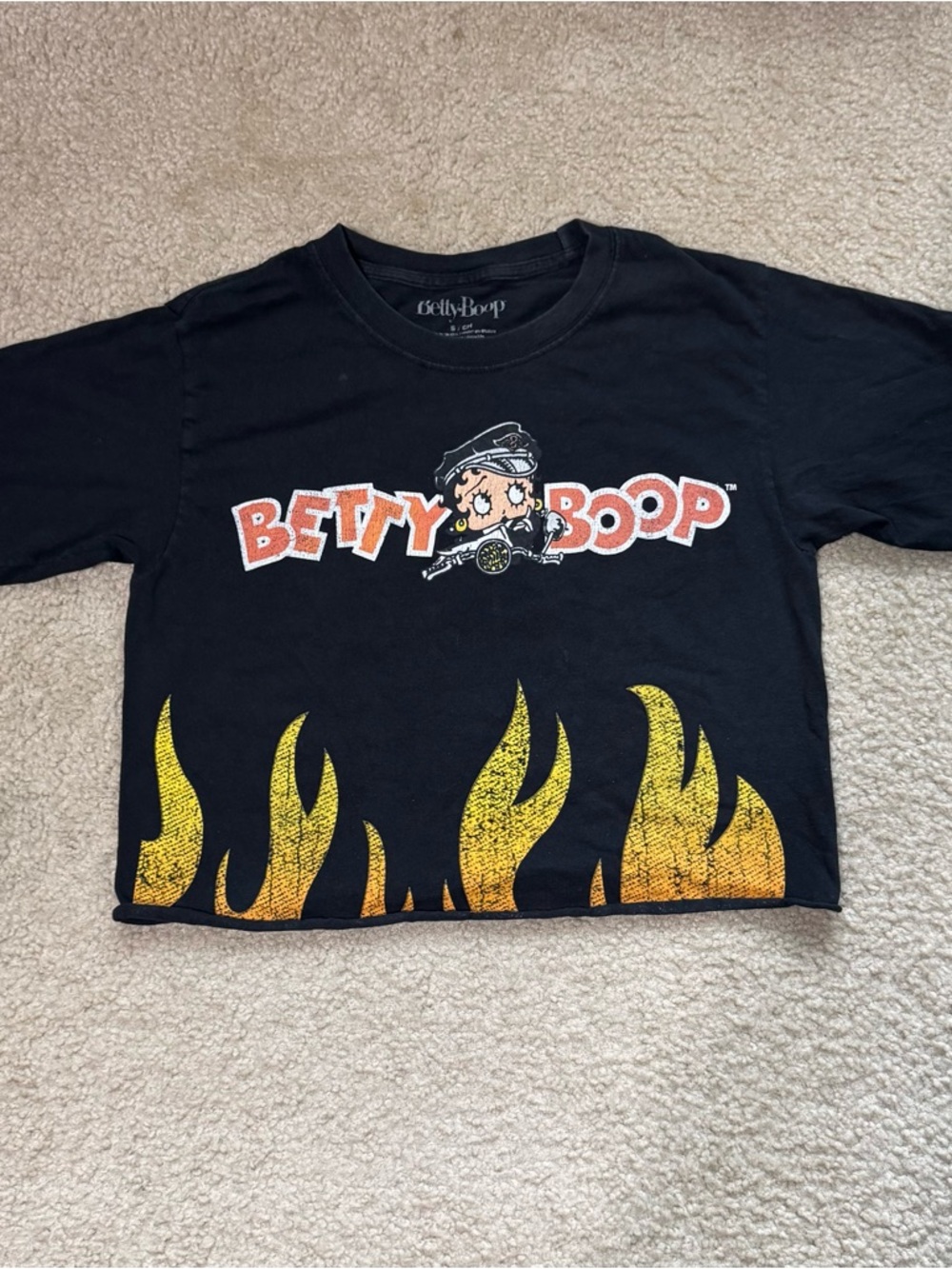 Betty Boop Black Crop Top with Yellow Flame Graphic